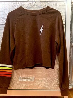 🤎 Aviator Nation Bolt Rugby Stitch Cropped Crew Sweatshirt Medium Brown Neon